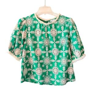 VOY Green Floral Lace Boho Embroidered Puff Sleeve Fringe Blouse S